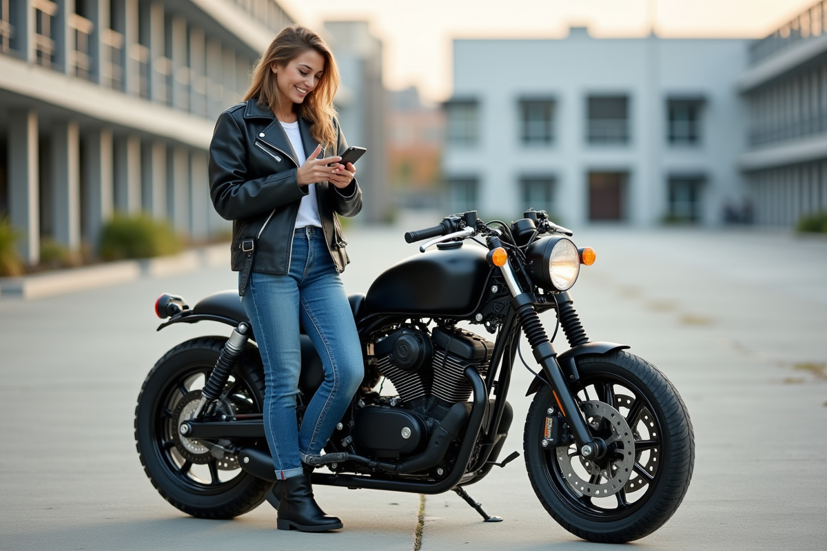 Jeune femme en veste moto vérifie son tricycle électrique en ville