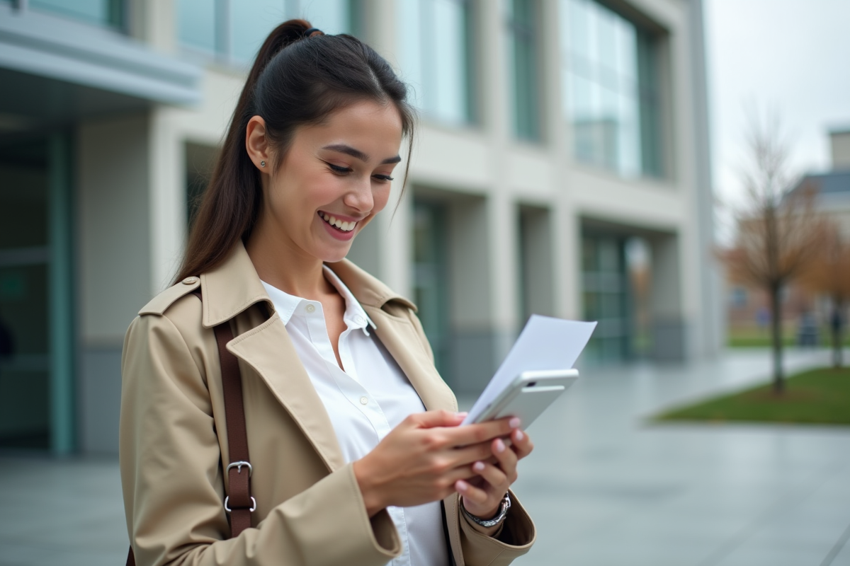 Jeune femme en trench coat vérifiant un document sur smartphone devant un bâtiment moderne
