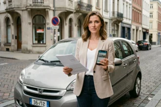 Femme tenant un document de vignette Bruxelles devant une voiture de location dans une rue urbaine belge
