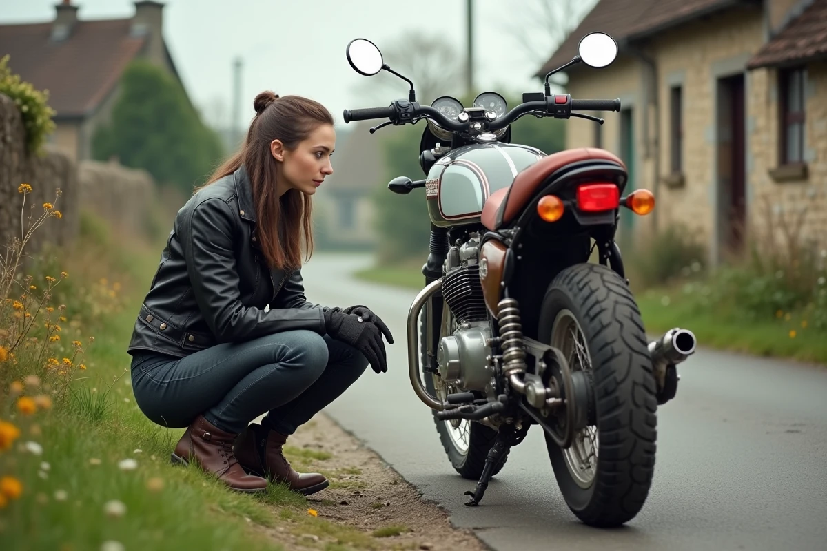 Jeune femme examine une moto vintage près d un village