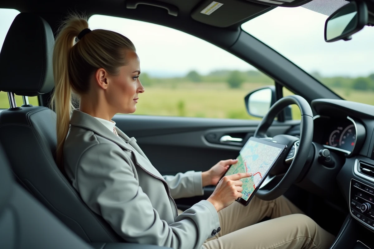 Femme regardant une carte sur une tablette dans la voiture