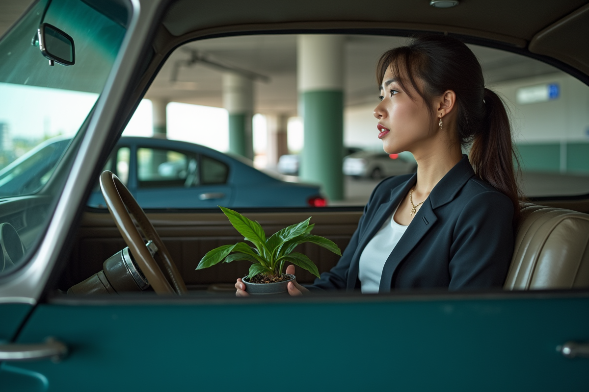 Jeune femme en costume dans une voiture vintage en parking moderne