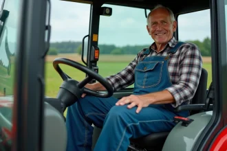 Fermeur assis sur un tracteur moderne en extérieur