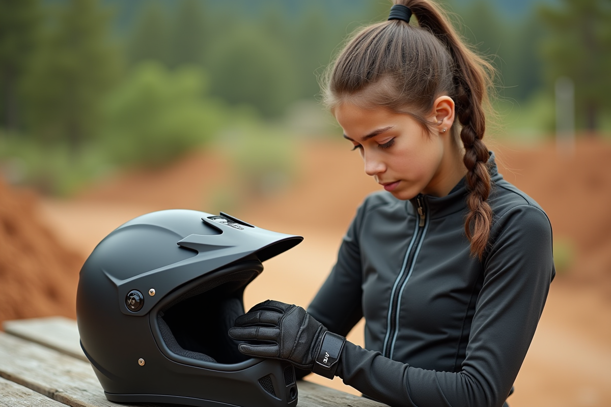 Fille vérifie un casque de motocross en extérieur