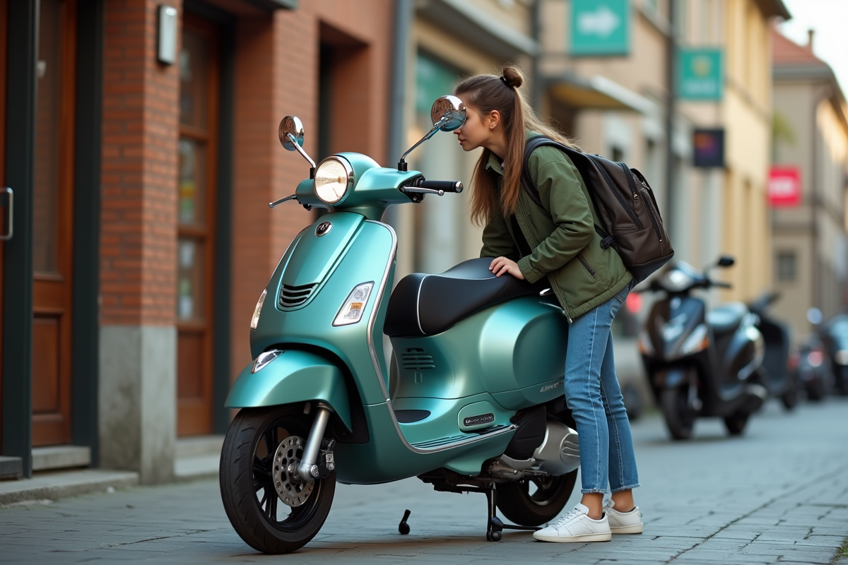 Fille examine scooter sur le trottoir