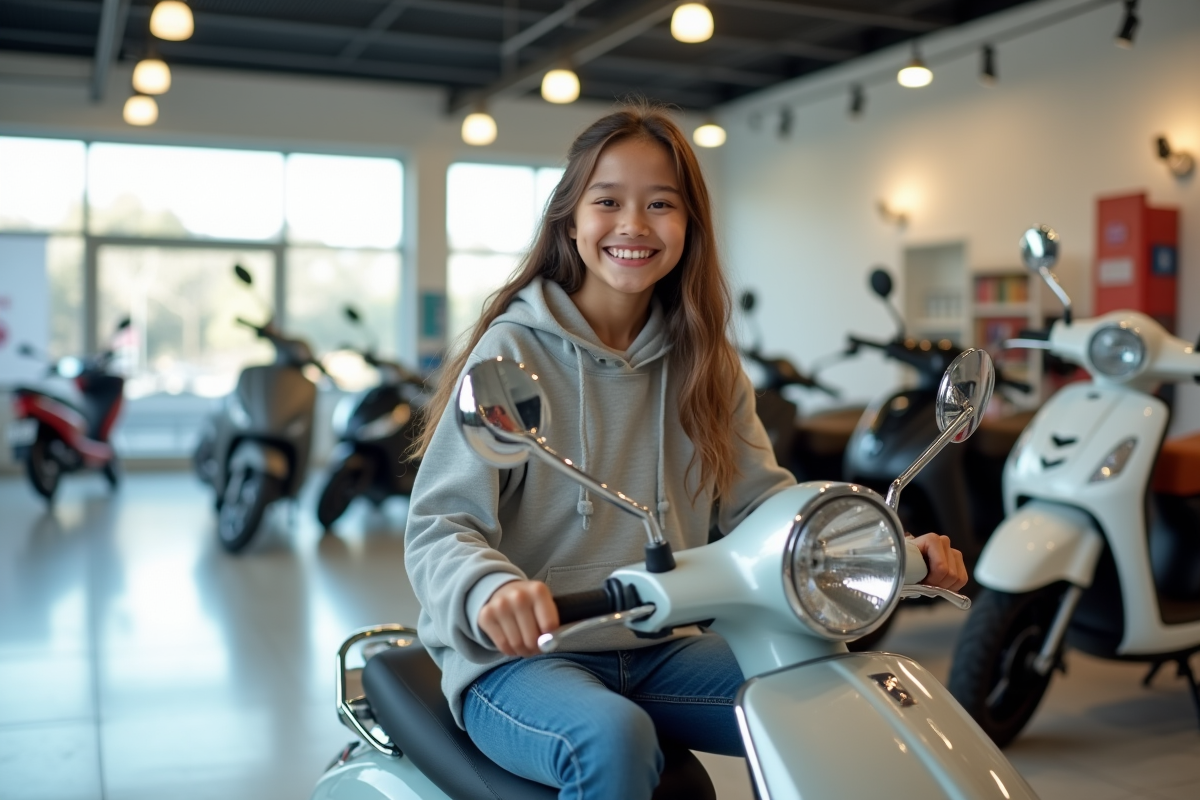 Fille souriante sur un scooter dans un showroom moderne