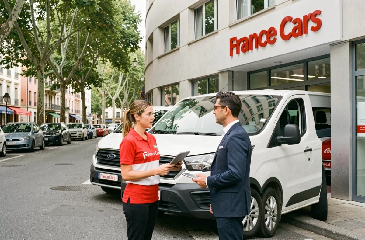 Agence France Cars Toulouse États-Unis avec agente en uniforme rouge montrant une tablette à un client près d'un utilitaire blanc