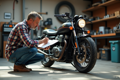 Homme moyenâgeux examine un kit de conversion moto dans un garage organisé