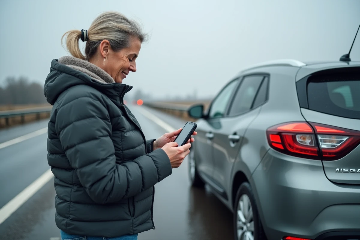 Grande rouleusse vérifiant le kilométrage de sa Renault Megane diesel sur une aire d'autoroute