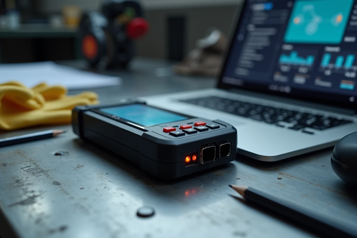 Gros plan sur une balise de diagnostic automobile professionnelle posée sur un établi avec outils et logiciel de contrôle