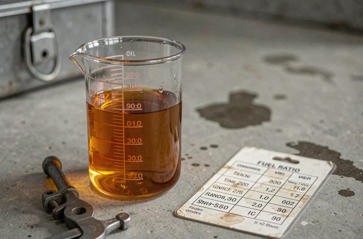 Gros plan sur un verre doseur contenant un mélange essence et huile deux temps sur sol de garage