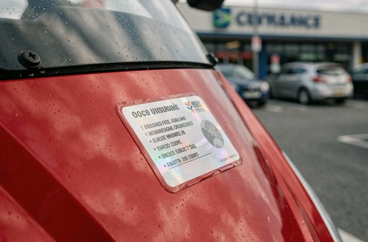 Gros plan d'une vignette d'assurance moto collée sur le carénage avant d'un cyclomoteur 50cc rouge