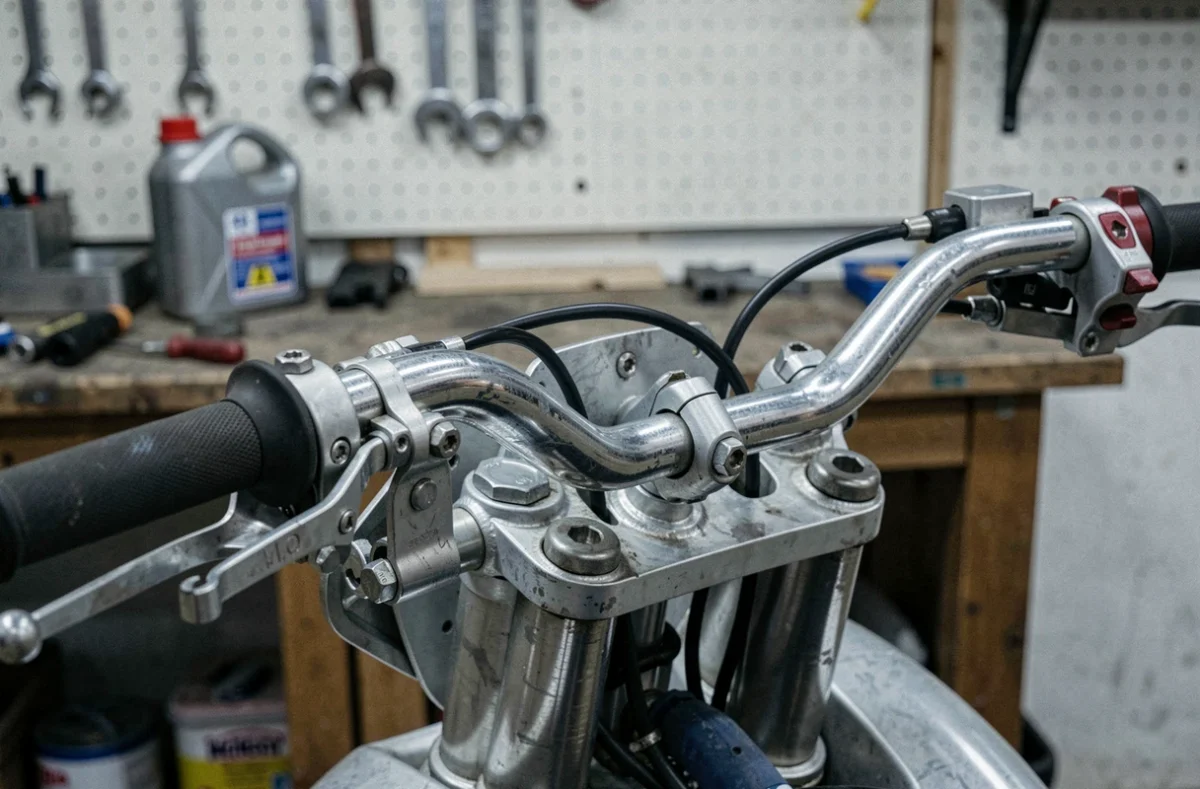 Guidon de moto cross sans rétroviseurs ni compteur illustrant l'absence d'homologation route