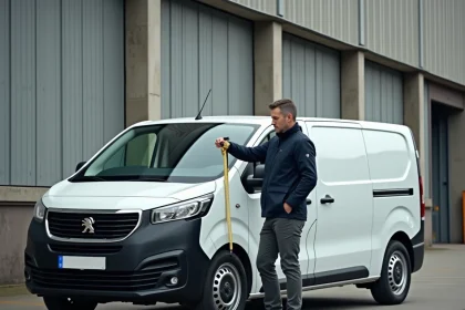 Journaliste mesurant la hauteur d'un fourgon L2H2 blanc dans un entrepôt industriel, guide pratique achat utilitaire