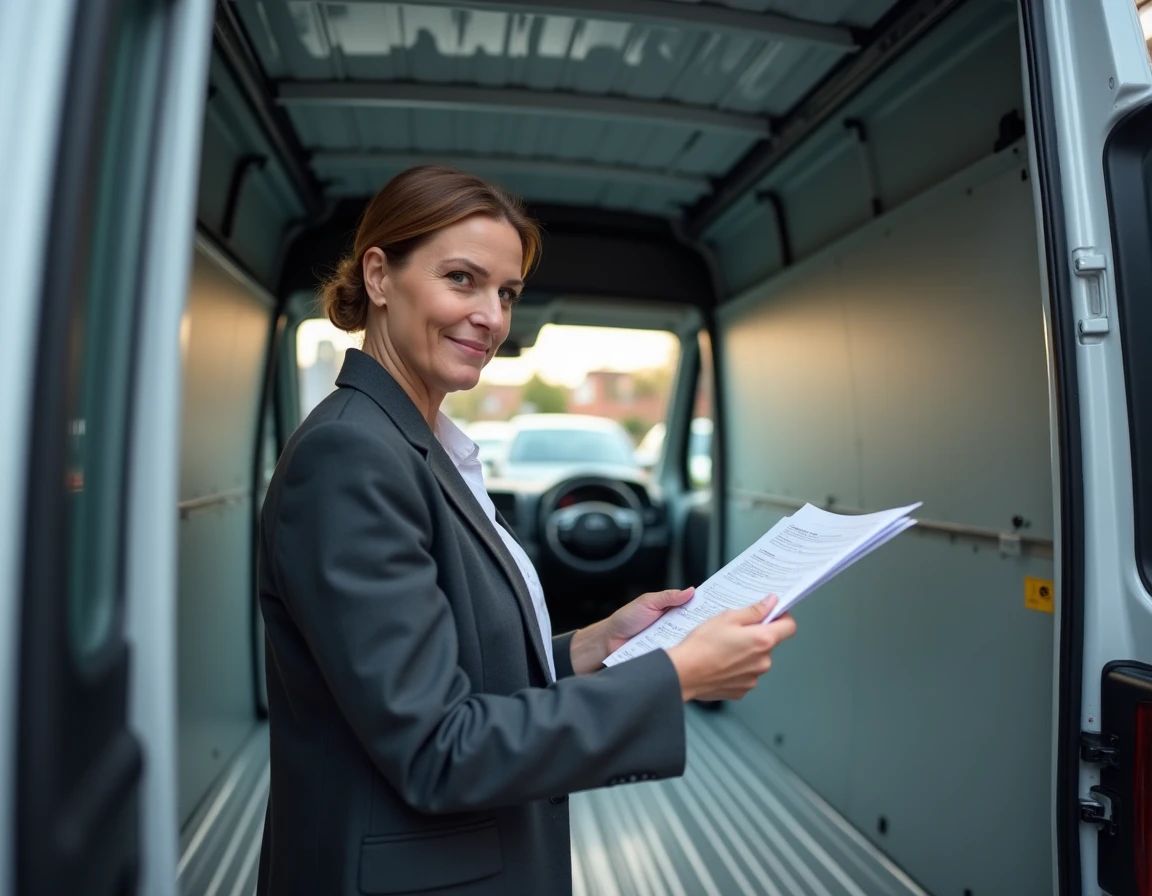 Acheteuse professionnelle évaluant la hauteur intérieure d'un fourgon L2H2 dans une carrosserie de livraison, guide achat neuf ou occasion