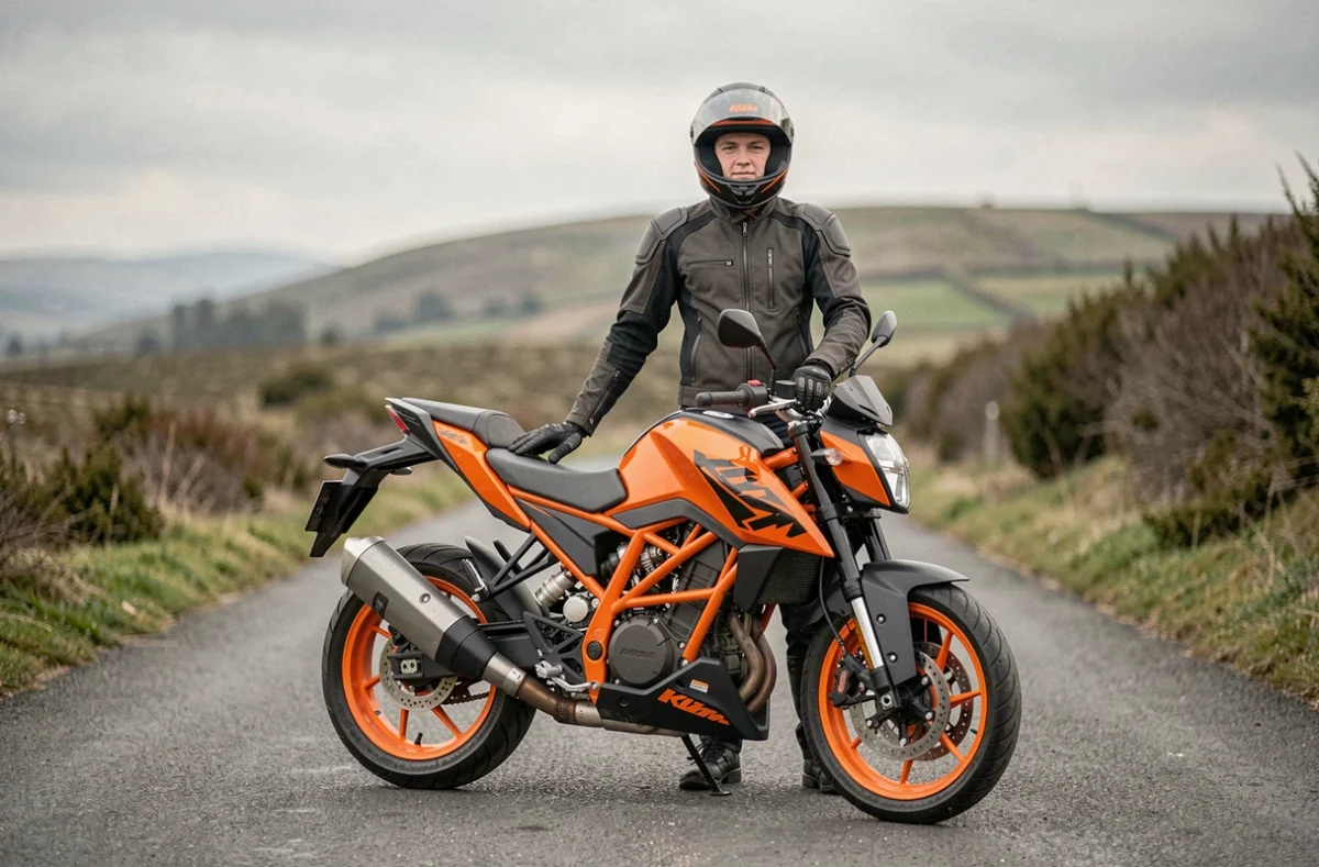 Personne de petite taille évaluant la hauteur de selle basse de la KTM Duke 125 2026 sur route de campagne