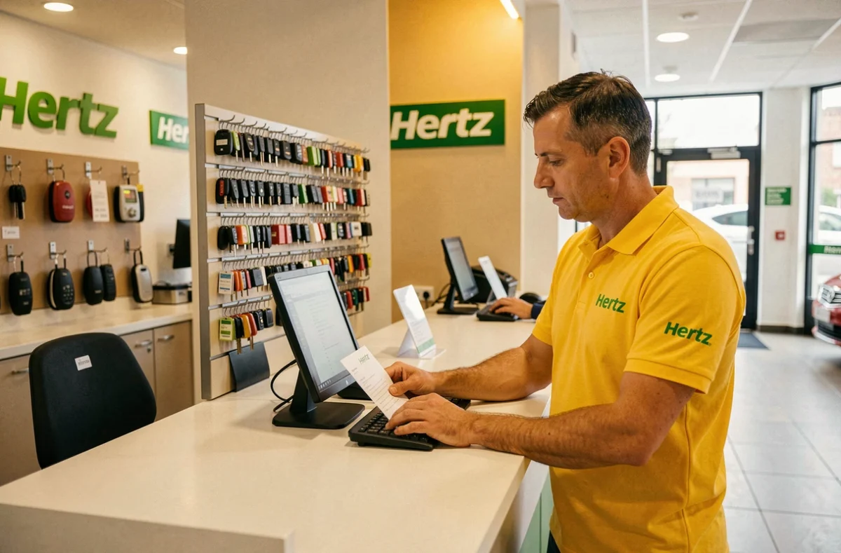Comptoir intérieur de l'agence Hertz Toulouse Ramonville avec agent en chemise jaune traitant une réservation de location