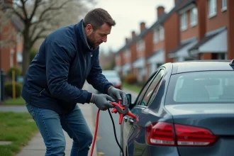 Homme en veste marine attache des câbles à la batterie