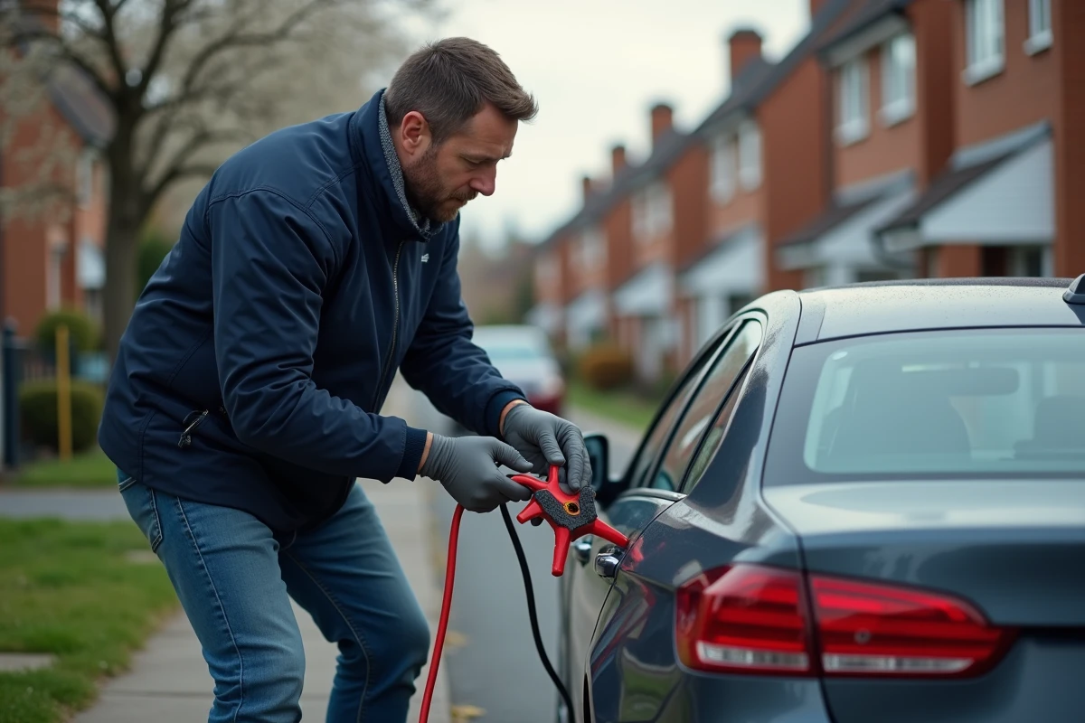 Homme en veste marine attache des câbles à la batterie