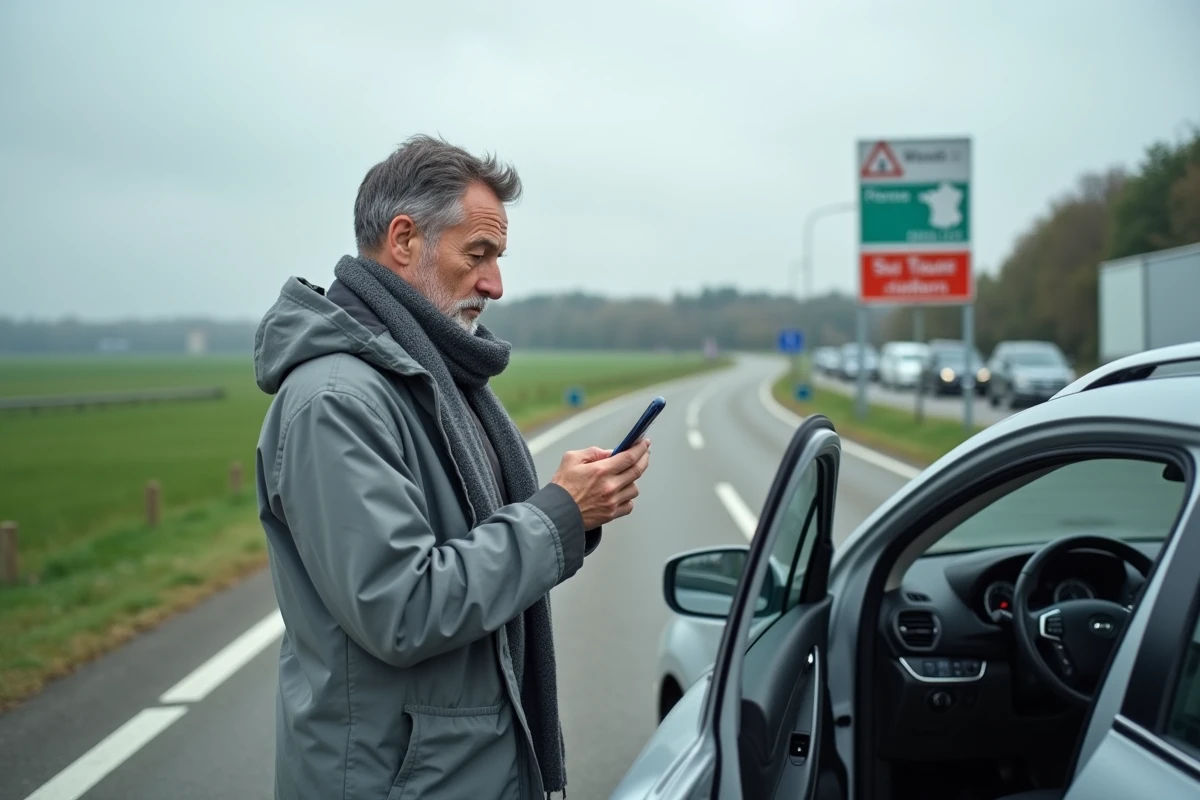 Homme consulte une carte autoroute avec son smartphone en voyage