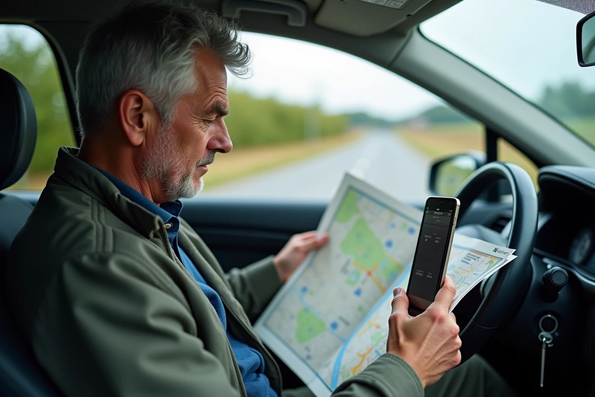 Homme d'âge moyen fâché avec carte et smartphone dans la voiture