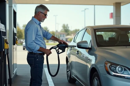 Homme d'âge moyen faisant le plein à la station essence