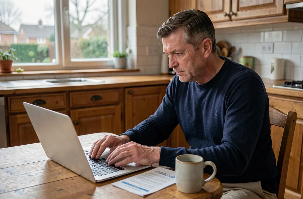 Homme comparant des offres d'assurance auto sur ordinateur portable à la maison