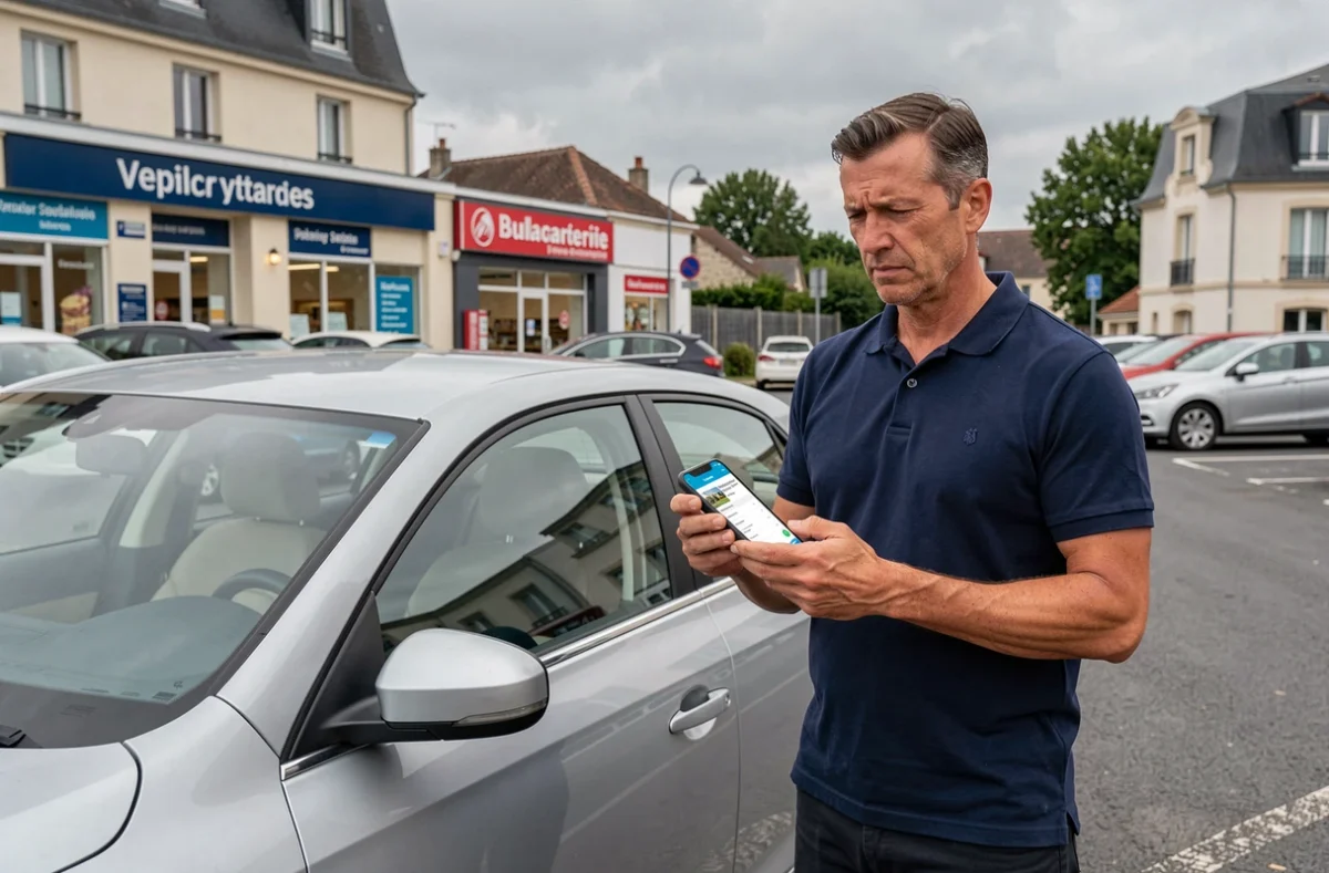 Homme comparant son assurance auto sur smartphone devant sa voiture dans un parking