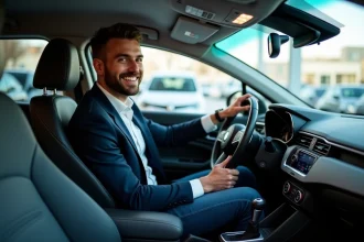 Homme souriant inspectant le tableau de bord d'une voiture moderne