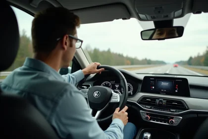 Homme au volant d'une voiture moderne sur l'autoroute