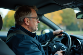 Homme d'âge moyen conduisant une voiture moderne en regardant la route