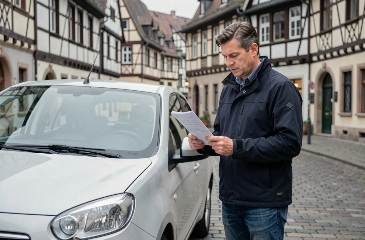 Homme consultant son contrat d'assurance auto devant sa voiture dans une rue pavée de Strasbourg