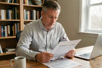 Homme consultant son contrat d'assurance voiture à son bureau, illustrant l'impact du bonus-malus sur la prime