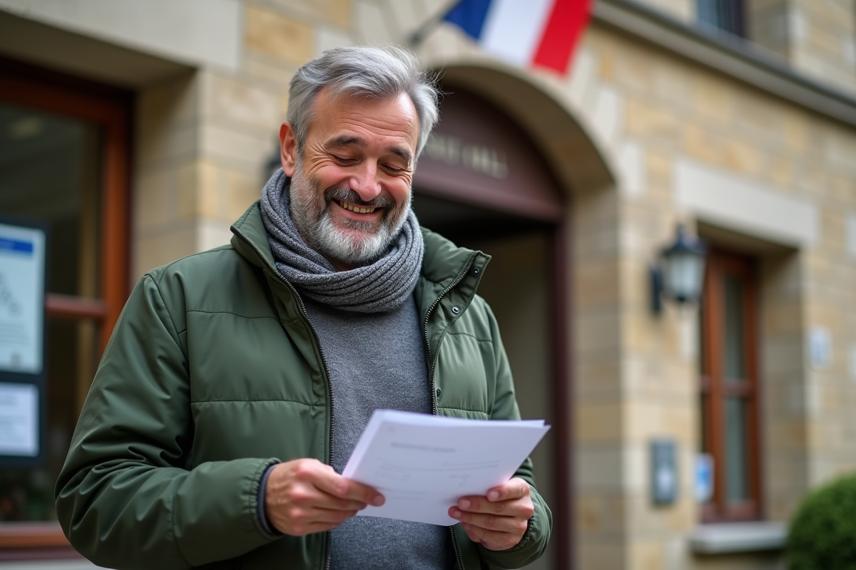 Homme vérifiant ses documents devant la mairie en extérieur