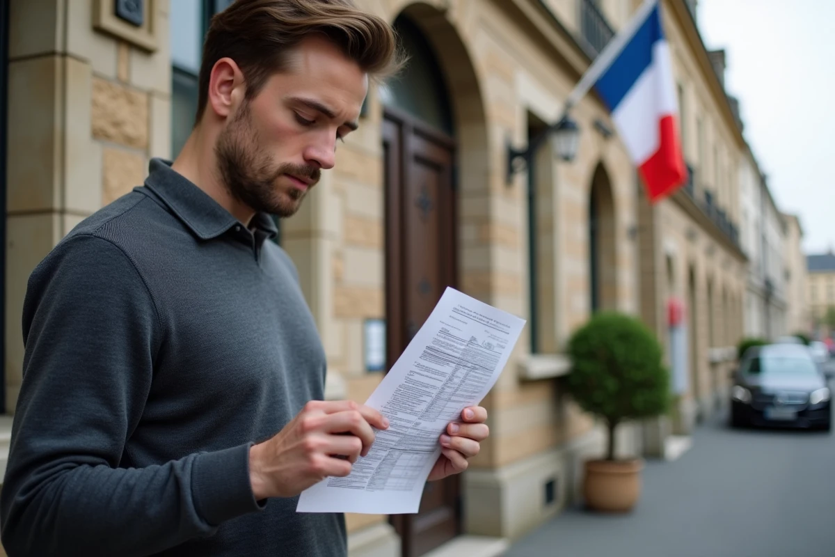Jeune homme tenant document de residence devant mairie
