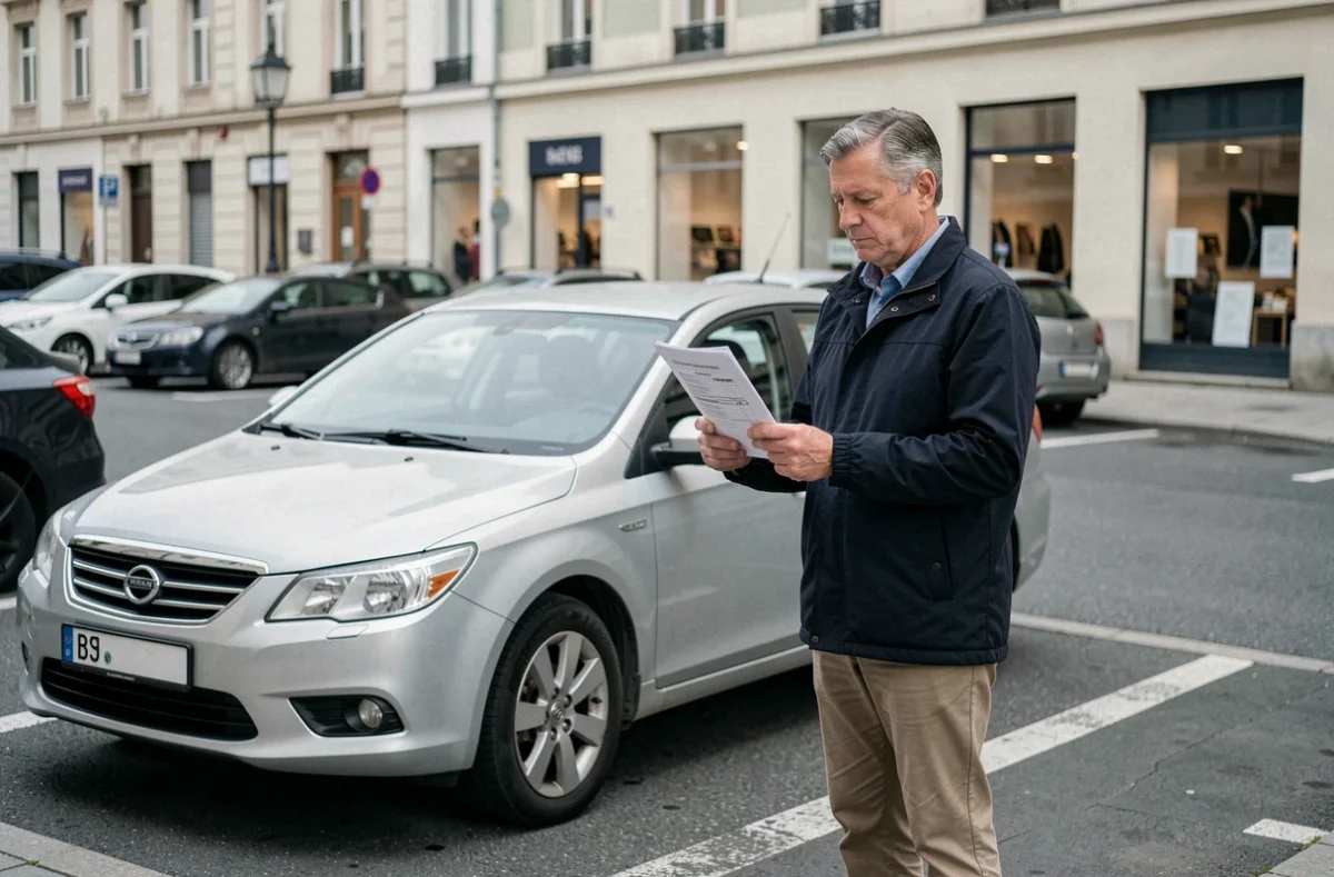 Homme d'âge mûr lisant un devis d'assurance automobile près de sa voiture en ville