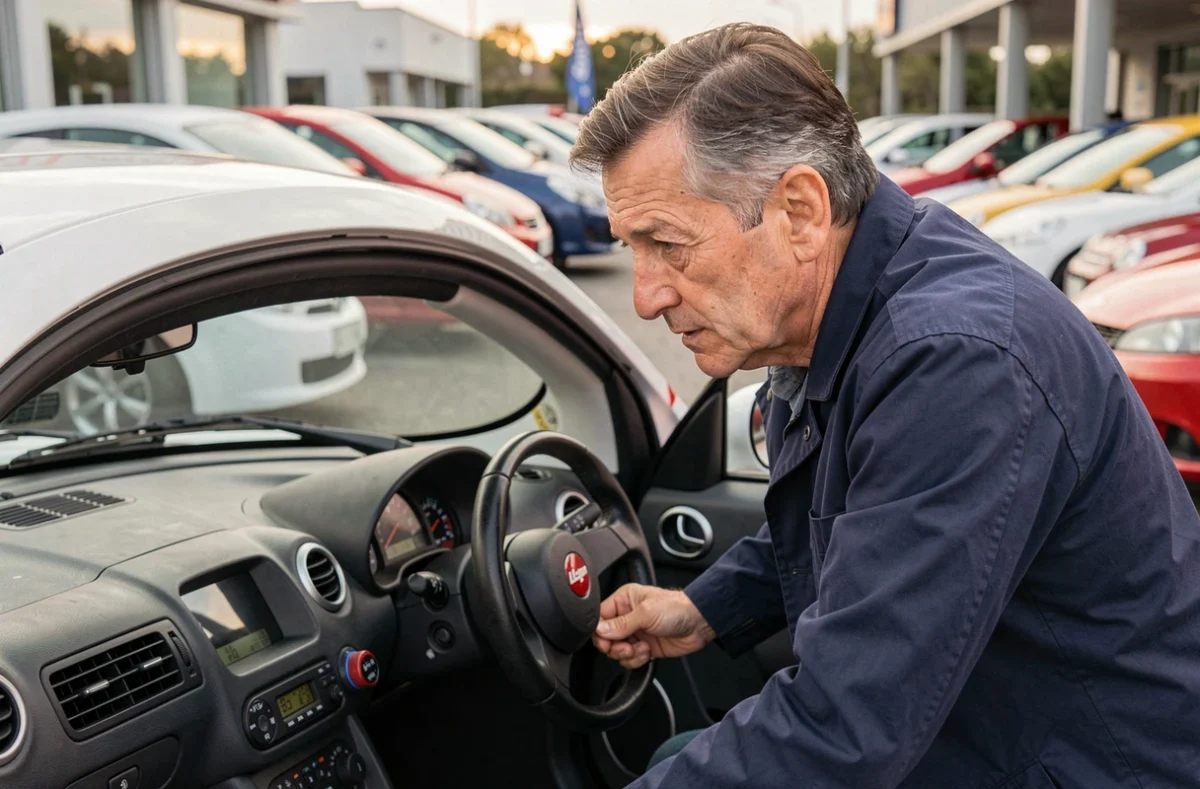 Un homme d'une cinquantaine d'années examine l'intérieur d'une Ligier Js50 Sport chez un concessionnaire