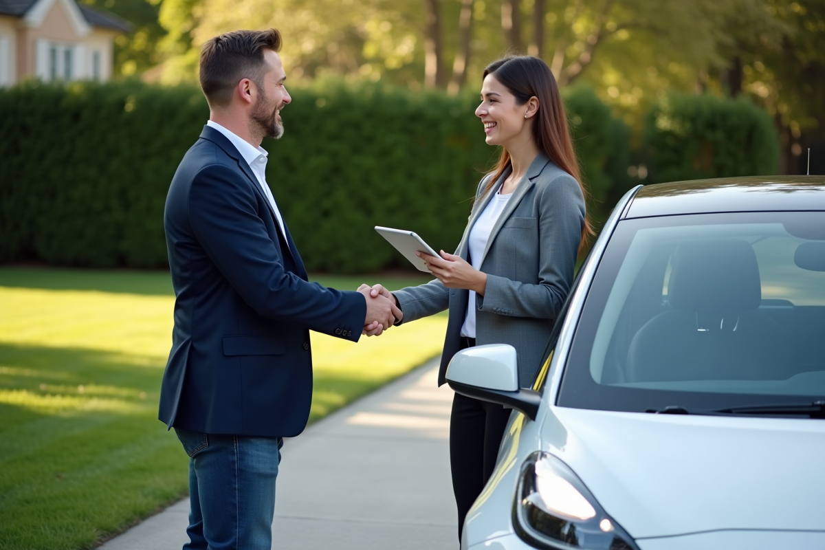 Homme et femme souriants devant une voiture électrique en extérieur