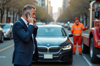 Homme d'affaires anxieux parlant au téléphone près de sa voiture en remorquage