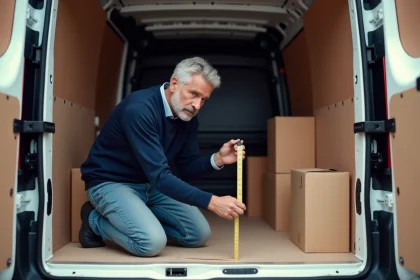 Homme mesurant l'espace dans un van utilitaire