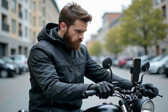 Homme barbu en moto attachant un smartphone sur la guidon