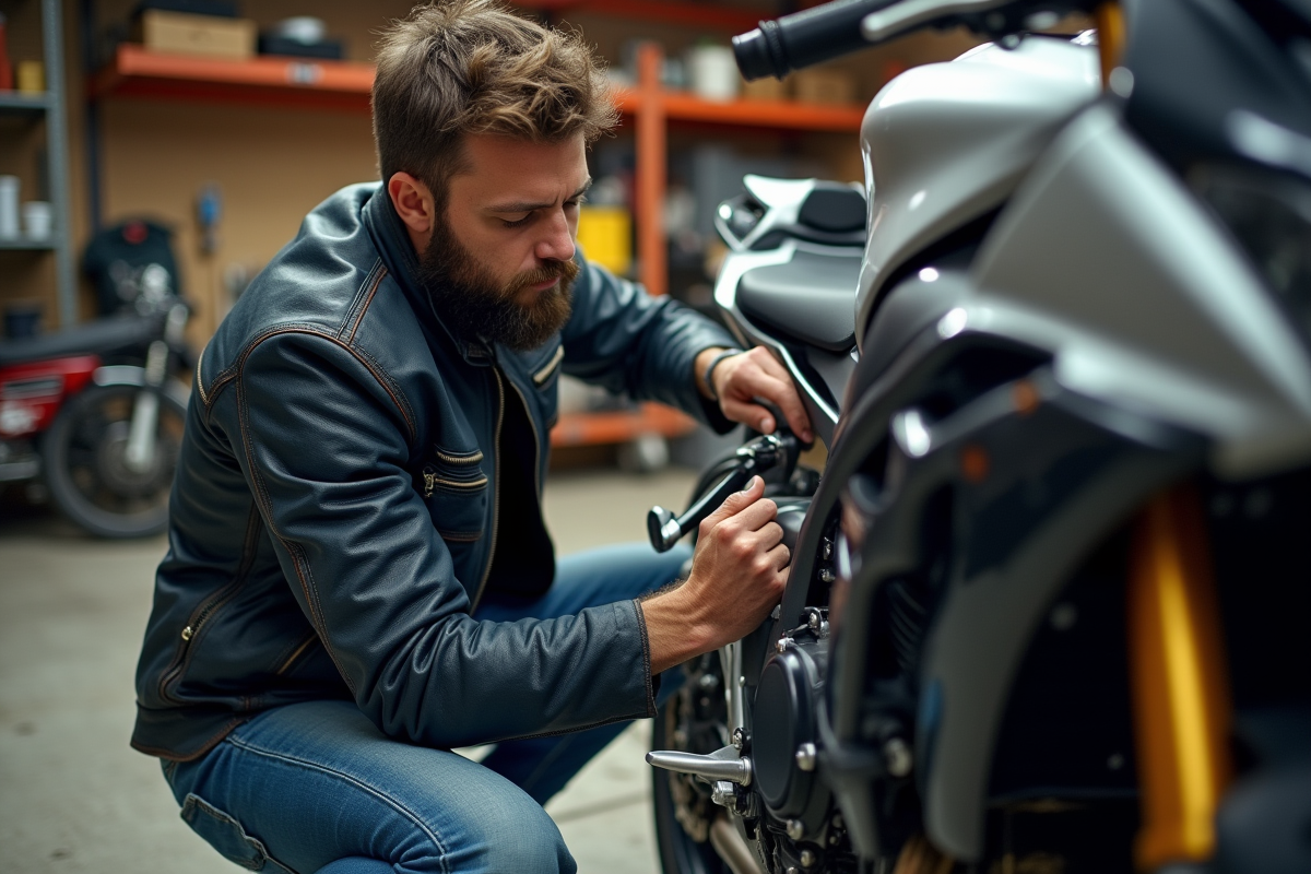 Homme barbu retire un échappement de moto sportive dans un garage