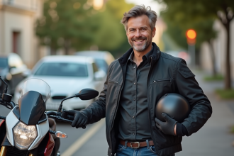 Homme souriant avec casque et veste moto près d'une Honda XADV