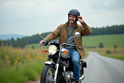 Homme d'âge moyen sur une moto en campagne verdoyante