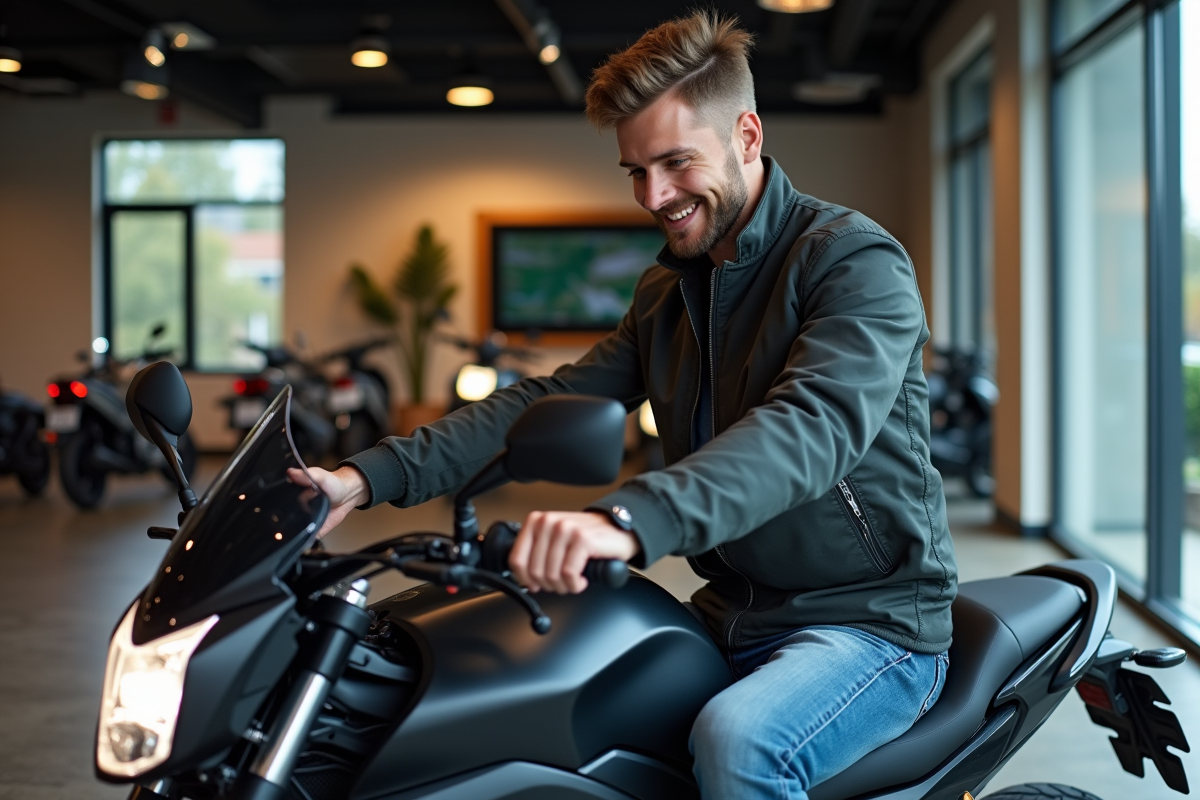 Homme sur moto en showroom élégant et moderne