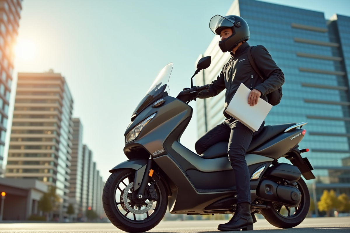 Homme en équipement moto avec scooter Yamaha TMax devant bâtiment moderne