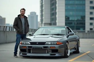 Homme de 30 ans avec sa Nissan Silvia dans un parking urbain