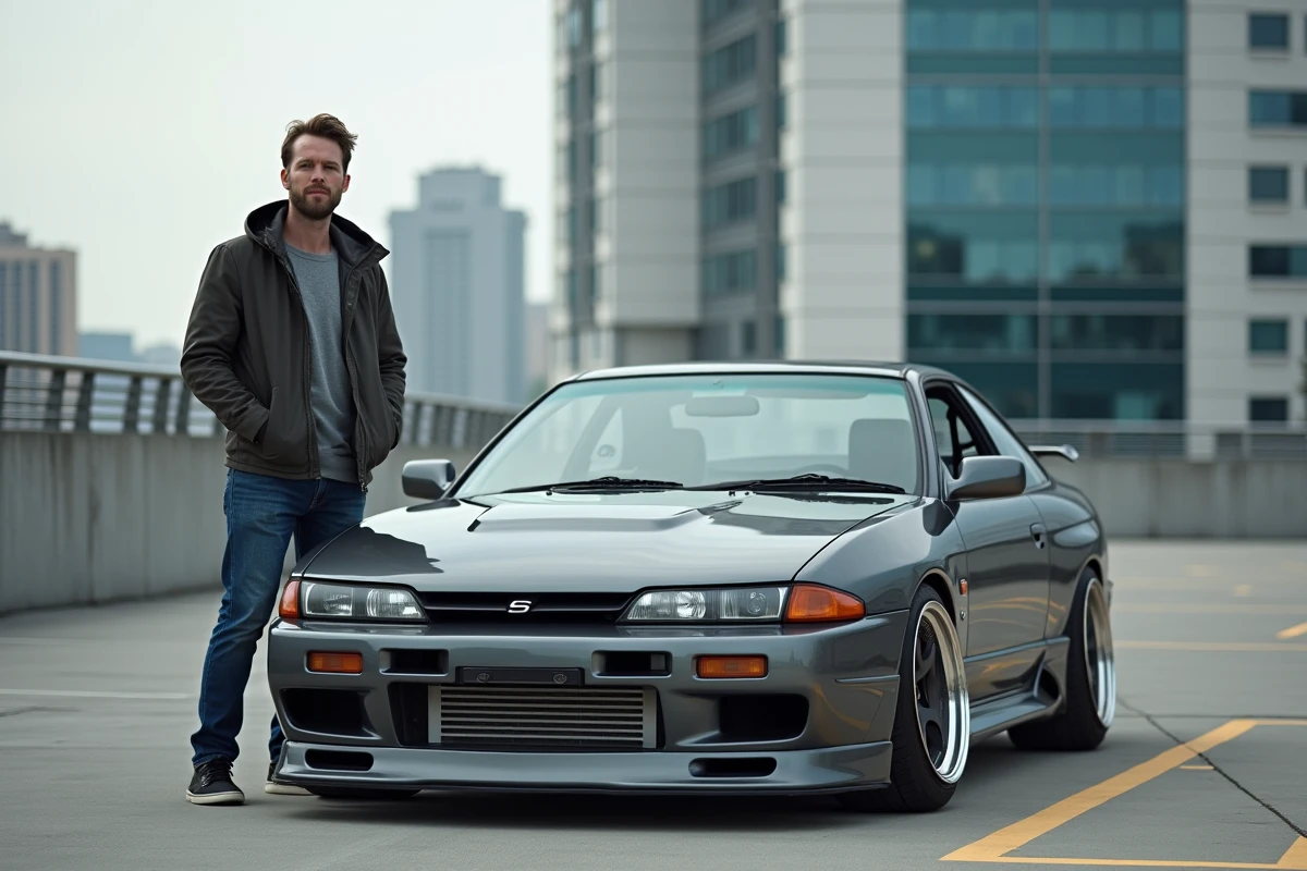Homme de 30 ans avec sa Nissan Silvia dans un parking urbain