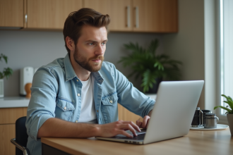 Homme en casual regardant un site de voitures d'occasion