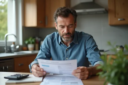 Homme en cuisine examinant un document de voiture française